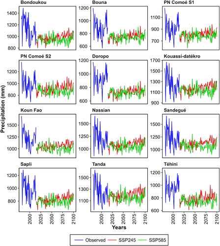 Figure 2. Temporal variability in annual mean precipitation between 1981 and 2100 for the SSP2-4.5 and SSP5-8.5 scenarios.