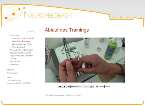 Fig. 1. Depicted is a screenshot of the NF-eTutorial. The image shows an example from the introductory section on basic information on ADHD and neurofeedback. Basic design by Dotcomwebdesign © 2013 AVMZ Medical Faculty, RWTH Aachen University, Germany.
