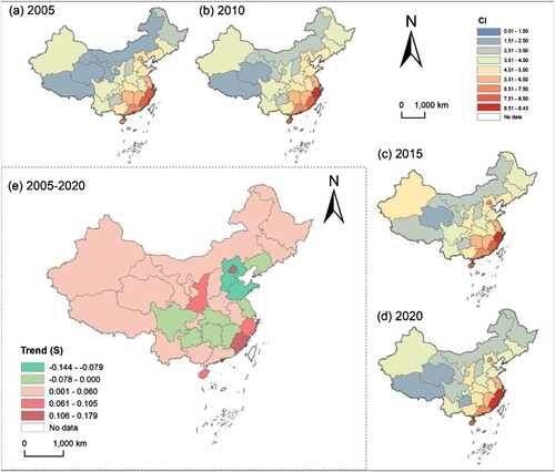 Figure 6. Spatial pattern of CI from cropping systems in China. (a) to (d) are the CIs in 2005, 2010, 2015, and 2020, respectively. (e) is the trend of CIs from 2005 to 2020. Note: it is produced by authors in ArcGIS 10.4.