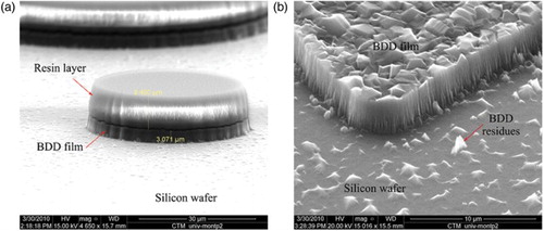 Figure 9. SEM images of different areas of the BDD film etched under a flux of Ar/O2 15/40 (sccm/sccm), at 10 mTorr with an RF power of 200 W (a) before and (b) after resin dissolution. The thicknesses of the BDD film and of the resin layer are 3.6 and 8.5 μm, respectively.