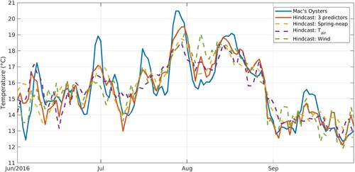 Fig. 18 Observed water temperature at the Mac’s Oysters location along with hindcasts based on regressions with each and all of the spring-neap tidal cycle, air temperature, and along-shore wind as predictors.