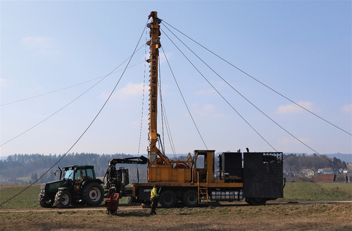 Figure 2. Installation of the mobile cable-based system with a Koller tower yarder at the Muri (M) study site.