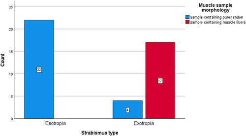 Figure 7 The associations between type of deviation (esotropia/exotropia) and surgical interference with the myotendinous region.