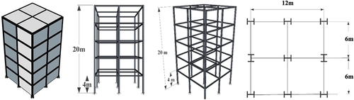 Figure 7. Design example-1. 3D, side, isometric, and plan views of frame structure with 105 members.