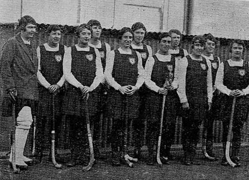 Figure 4. England’s Test Team in playing uniform. Left to right – Winifred Brown, N. Stacy, C. Nye, H. Carruthers, Elizabeth Macfie, V. Fowler F.I. Bryan (captain), Phyllis Bryant, J. Mason, Molly Pickard, and Muriel Burman. Hockey in Australia: Visit of the English Team, (AAWHA) September 1927, 13. The author holds this document. Image in possession of the author.