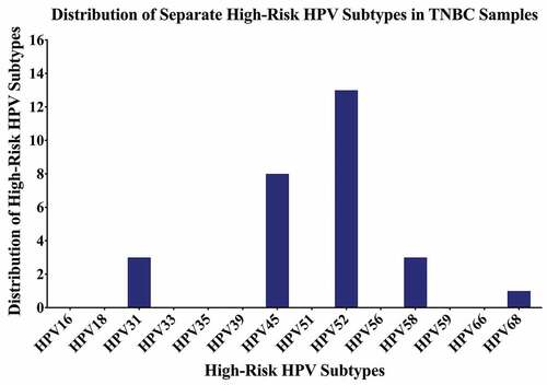 Figure 3. Distribution of each high-risk HPV subtype in Croatian triple-negative breast cancer (TNBC) samples. PCR analysis included 70 TNBC samples revealing that the most frequent HPV subtypes are HPV52, HPV45, HPV31, HPV58, and HPV68.