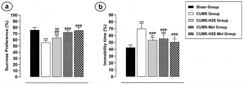 Figure 3. Effects of H2S (5.6 μmol/100 g) and Melatonin (1 mg/100 g) on depressive-like behaviors of rats exposed to CUMS: (a) Percentage of sucrose preference in SPT; (b) Percentage of immobility time in the FST. Mean ± SD (n = 8). Mean ± SD (n = 8). +P < 0.05, ++P < 0.01, +++P < 0.001 vs Sham group; @@P < 0.01, @@@P < 0.001 vs CUMS group; $$$P < 0.001 vs CUMS-H2S-Mel group; ANOVA/Post hoc (Tukey test).