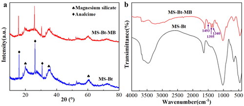 Figure 7. (a) XRD patterns and (b) FT-IR spectra of MS-Bt before and after adsorption of MB.