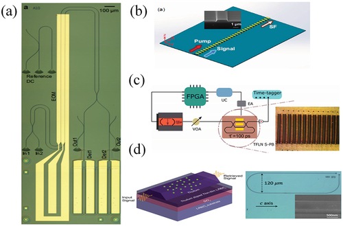 Figure 12. (a) LNOI-based superconducting nanowire single-photon detector [Citation97]. (b) LNOI-based low-noise upconversion SPD with off-chip silicon single-photon avalanche photodiode (SPAD) [Citation140]. (c) LNOI-based single photon buffer [Citation194]. (d) LNOI-based quantum memory [Citation195].