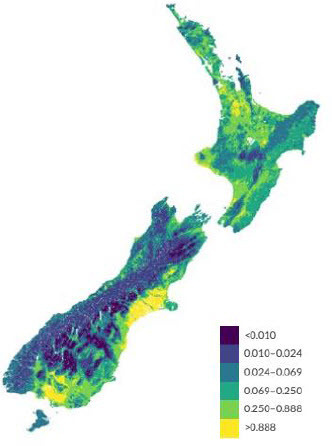 Figure 2: Modelled median concentrations in g/m3, 2013-2017 (CC BY-SA 4.0, Ministry for the Environment and Statistics New Zealand 2019)