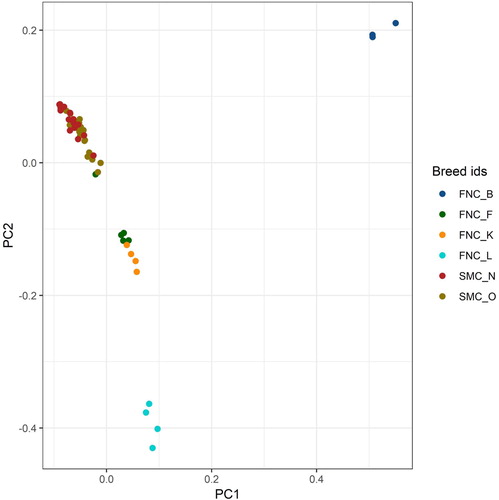 Figure 1. PCA analysis of Fjäll and Fjällnära. The Fjäll samples are divided into the old (SMC_O) samples from animals born 1976-1997 and new (SMC_N) samples from animals born 2000-2015. The Fjällnära samples are divided into the founder farms they originate from. FNC_B (upper right corner) is from Biellojaure, FNC_F (around PC1 0.03, PC2 -0.1) is from Funäsdalen, FNC_K (around PC1 0.05, PC2 -0.15) is from Klövsjö, and FNC_L (around PC2 -0.4) is from Lillhärjåbygget.