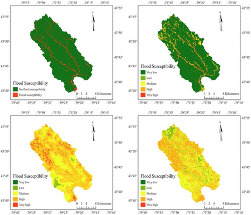 Figure 4. A comparison of the FSMs resultant from ANN-SMOTE (top right), Entropy (bottom left) and AHP (bottom right) along with the actual floodplain (top left).