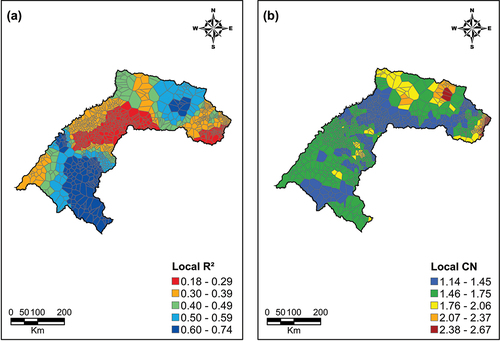 Figure 5. Voronoi map of the local R2 (a) and local condition number (b) of the MGWR model.