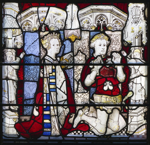 Fig. 13. York Minster, St William window (nVII), panel 1d, William Roos and his wife MargaretThe York Glaziers Trust, reproduced courtesy of the Chapter of York