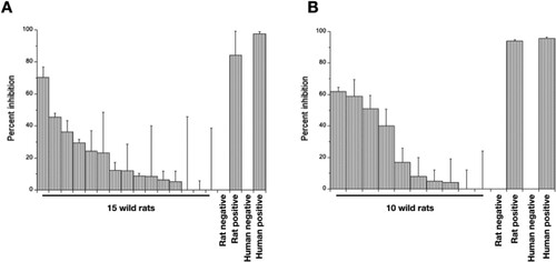 Figure 4. The mean percent inhibition of wild rat (A) heart and (B) lung tissue fluid at a 1 in 16 and 1 in 8 dilution, respectively. Errors bars are +1 SD. Rat and human positive and negative controls are as described in the Materials and Methods.