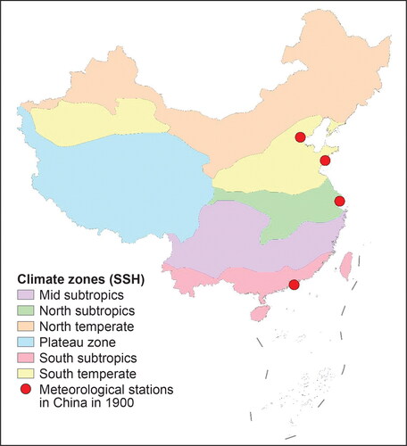 Figure 1. Climate zones in China (spatially stratified heterogeneity [SSH] population) and meteorological stations (sample) in 1900.