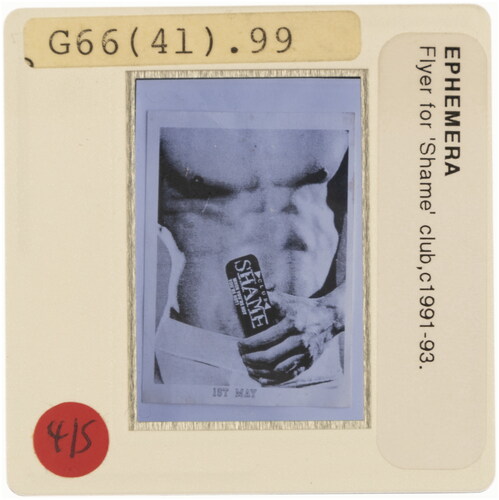 Figure 14. ‘Flyer for “Shame” club, c1991–3’, undated 35mm slide, photographer unknown, former University of Brighton slide library, collection of Annebella Pollen. Photograph by Rachel Maloney, 2021.