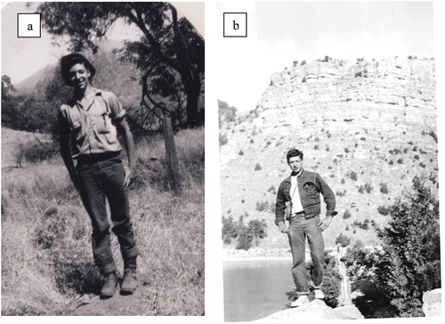 Figure 1. Professor Graeme Berlyn, founding editor of the Journal of Sustainable Forestry, began his close connection to Mountain Forests (a) as a forest fire fighter fighting fires for the California Division of Forestry in the foothills of the Sierra Nevada in 1951. (b) Graeme Berlyn on the Ochoco collecting spruce budworms in Oregon in 1954.