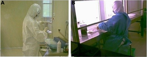 Figure 2 Different phases of processing of skin allograft procedure (A) and quality control in Grade B area (B).