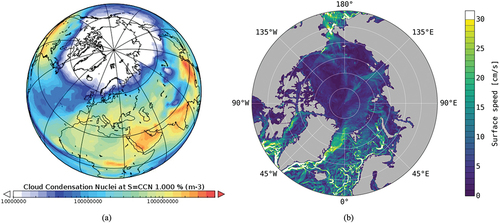 Figure 3. Examples (snapshots) of modelling results: (a) EC-Earth – cloud condensation nuclei, CCN spatial distribution in the Northern Hemisphere (note relatively lower CCN in the Arctic regions, dominating lower values over ocean/sea areas compared to land); and (b) CESM/ocean-ice – surface speed in the eddy-resolving version (note fine-scale filaments along the Norwegian and Siberian coast, indicative of the turbulent mixing processes that bring the fresh estuary waters into the interior ocean).