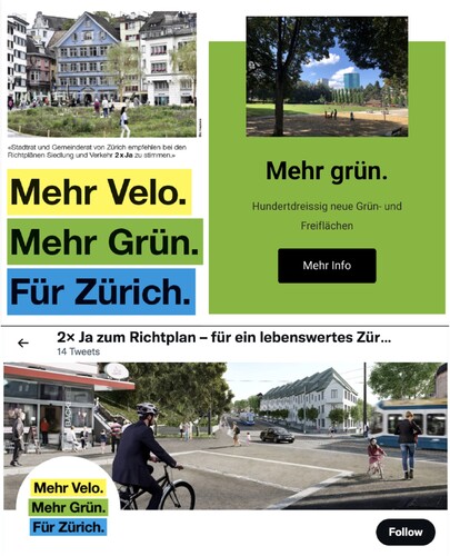 Figure 4. Tweets and website captures from the VCZ Yes campaign. The text reads “More Bikes. More Green. For Zurich”. The images support the urban development richtplan and also the transit infrastructure plan on the ballot in a separate referendum at the same time.