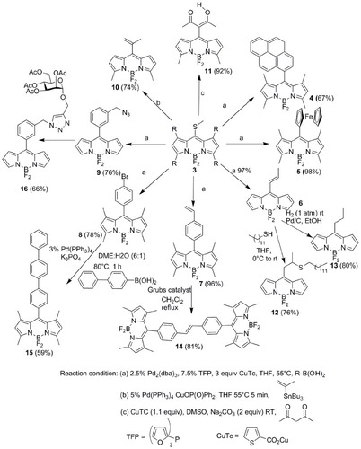 Figure 4 Synthesis of various types of meso-substituted BODIPYs 4–16 derived from meso-(thiomethyl) BODIPY 3 under Pd catalyzed conditions.