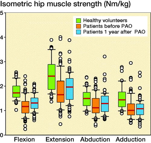 Figure 2. Median isometric hip muscle strength in patients with hip dysplasia and in healthy volunteers in Nm/kg; box represents 25th and 75th percentiles and error bars represent 10th and 90th percentiles. PAO = periacetabular osteotomy.