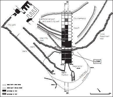 Fig. 4: The southwestern corner of Tel Lachish and the excavations at Area R of the TAU expedition (based on Ussishkin Citation2004a: 702, Fig. 13.6); the location of LC08 is marked; note the Outer Revetment Wall which abuts the tower-buttress on both sides
