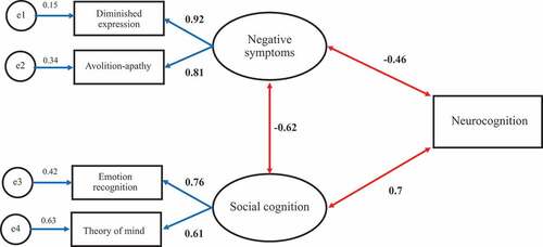 Figure 1. A SEM model that represents negative symptoms, social cognition, and neurocognition as three separate variables. Circles represent latent variables and rectangles represent measured variables