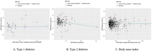 Figure 2 Scatter plots visualizing the Mendelian randomization (MR) estimates of the different exposures ((A): Type 1 diabetes; (B): Type 2 diabetes; (C): Body mass index) with the outcome (lichen sclerosus). Inverse-variance weighted (IVW), MR-Egger, and weighted median methods were the main estimators of the analysis.