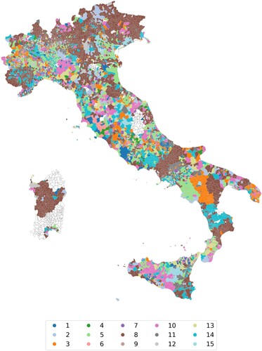 Figure 6. Geographical representation of clusters of minimum real estate values for Italian municipalities. Blank areas are municipalities for which we have no data. We recall that in central Italy the data collection was suspended due to a seismic event. Furthermore, on the island of Sardinia there are some missing data (possibly due to a change in the province administrative boundaries) that do not allow for complete time-series. The areas that are most aggregated refer to clusters 3, 5 and 8, that represent the majority of the nation and refer to a trend of stable prices.