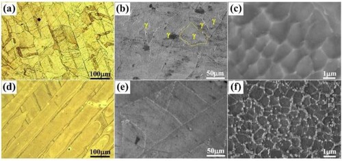 Figure 20. Comparison of the microstructures of 316L steel (top row) and 316L-based SMC (bottom row) with an addition of 3 wt.% vanadium carbide fabricated by LPBF at a laser scan speed of 300 mm s−1, laser power of 140 W, layer thickness of 35 μm and hatch space of 85 μm: (a) Optical micrograph (OM) of 316L, (b) Scanning electron microscopy (SEM) image in SE mode of 316L, (c) high-magnification FE-SEM image of 316L, (d,e) OM images of the SMC, (f) high-magnification FE-SEM image of the SMC. All images were taken from the cross-section which is perpendicular to the building direction (BD) of the LPBF-fabricated parts. Reprinted with permission from [Citation92].
