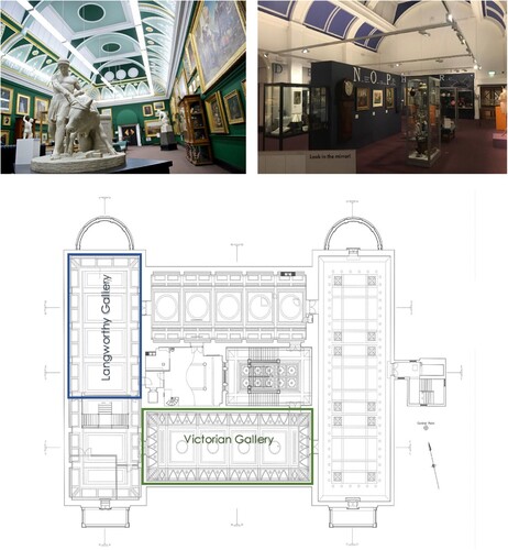 Figure 1. Views of the Victorian or South Gallery (a. upper left) and the Langworthy Gallery (b. upper right), and first floor plan of the museum (Photograph courtesy of Salford Museum). For security reasons, no images of the storage areas were included.