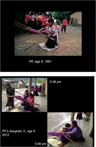 Figure 1. (Top): This is PP at age 9, kneeling to weave in 1991. PP has never been to school, and she grew up kneeling, for example, while making tortillas. Note how she is rising on her knees with her feet straight out in back of her.(Bottom): This is her daughter E in 2012, also age 9. E has been going to school since preschool and has not learned to weave. This is her grandma CM trying to teach her for our study. But notice the body position. At 5:38pm, she is kind of kneeling but with her feet splayed out. But it is too uncomfortable for her and 8 minutes later (at 5:46), she is sitting.