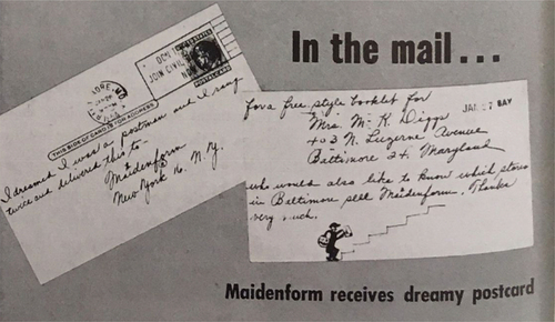 Figure 1. “In the mail … Maidenform receives dreamy postcard,” Maidenform Mirror, May 1954, p. 8. Image taken by author from the Maidenform Collection, Archives Center, National Museum of American History, Smithsonian Institution.