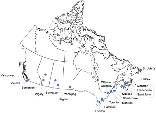 Figure 1. Locations of the 17 CMAs included in the analysis.Note: Moncton, Fredericton, and Saint John were combined into one CMA for sampling purposes.