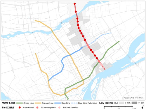 Figure 1. Status of construction of the Pie-IX BRT stations and their connection to Montréal’s metro lines.