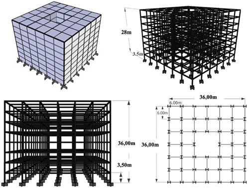 Figure 15. Design example-3. 3D, side, isometric, and plan views of frame structure with 1024 members.