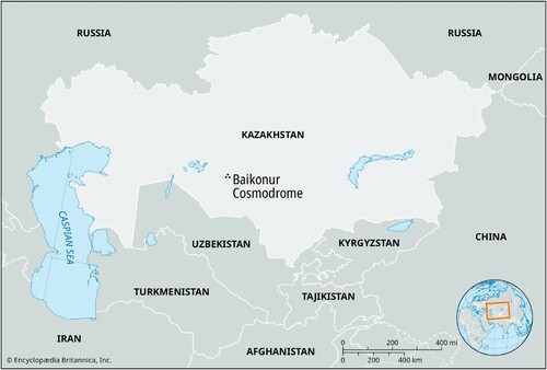Figure 1. Map of Kazakhstan and the location of the Baikonur Cosmodrome.Source: Encyclopaedia Britannica.
