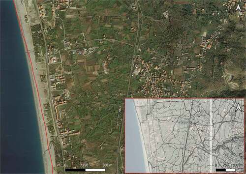 Figure 9. Grisolia. Large panel: shoreline of 1954 (red line) with background Google satellite image of October 2019. Small panel: overlap between 1954 CASMEZ cartography and Google satellite image of October 2019.