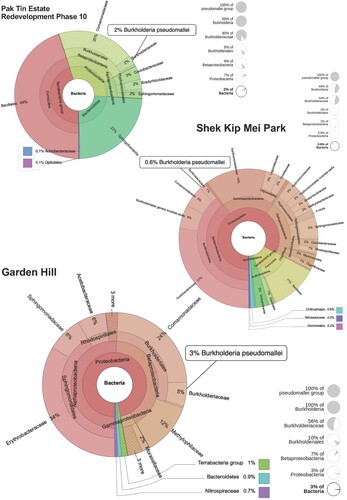 Figure 5. Krona plots showing the abundance estimates of bacterial 16s rRNA sequences in soil samples collected from the building site (Pak Tin Estate Redevelopment Phase 10), Garden Hill and Shek Kip Mei Park. Interactive krona charts can be found in Figure S1–S3.