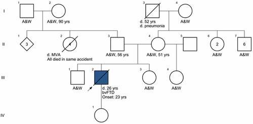 Figure 4. Four-generation family pedigree. A&W, alive and well. d., died. MVA, motor vehicle accident. bvFTD, behavioral variant frontotemporal dementia.