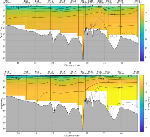 Fig. 9 Salinity profiles observed at CTD stations along the Baynes Sound thalweg during the June 2016 survey (upper panel) and corresponding model values (lower panel) at the same locations and time. Station names, dates, and times for each CTD cast are at the top of each panel. Model values were interpolated to coincide with these times. The dashed line is the bottom profile from the model bathymetry, while the grey shaded region denotes the true bathymetry.