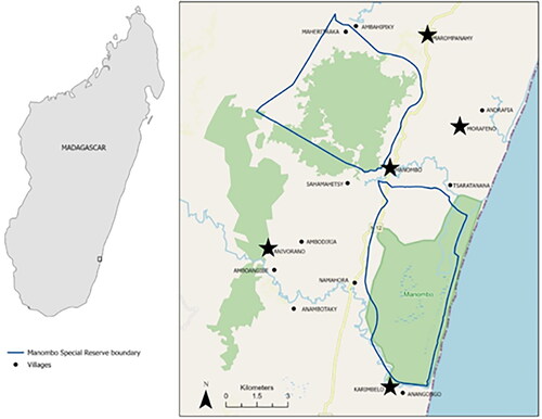 Figure 2. Map of study area. Note: Stars indicate SRI demonstration sites. Blue lines demarcate Manombo Special Reserve. Yellow line is RN12 (paved national road).