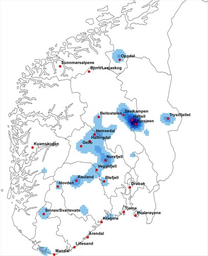 Figure 2. »Heat map»: Mapping concentration and density of new second homes in the period 2014–2015. Norway. Source: Statstics Norway, https://www.ssb.no/natur-og-miljo/artikler-og-publikasjoner/flere-nye-hytter-i-unike-villreinomrader.