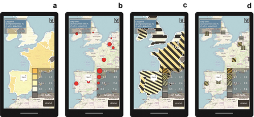 Figure 9. Alternative thematic map types for mobile-first symbolization (adapted from Gorte and Degbelo Citation2022). Conventional thematic maps may be suboptimal for mobile, as a larger default cartographic scale and egocentric design may truncate a large portion of the mapped data. For instance, the current view may be entirely composed of a single color in mobile choropleth maps (A), leading to confusion about the symbol meaning and causing occlusion of any basemap information. Further, a proportional symbol may become disassociated from the enumeration unit border for mobile proportional symbol maps (B), leading to misinterpretation of the symbol as a point feature rather than the polygon centroid. Gorte and Degbelo proposed ‘choriented’ maps (C) that redundantly encode information using color value (the primary visual variable used in choropleth maps), orientation, texture, and transparency. The choriented symbol also can be applied as points (D) for mobile symbolization and interaction.