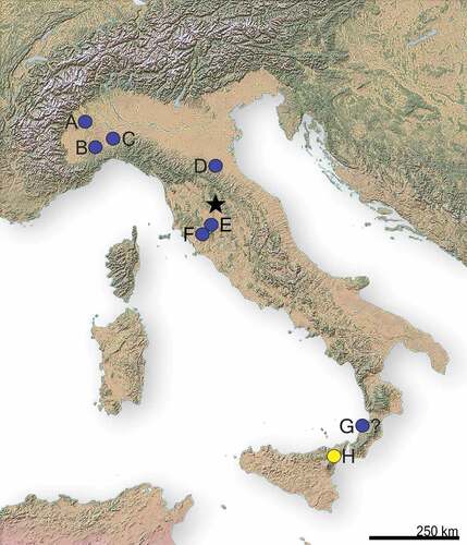 Figure 1. Casino Basin locality indicated with the black star. A. Moncucco Torinese, B. Verduno, C. Ciabot Cagna, D. Monticino Quarry, E. Velona, F. Baccinello V3, G. Cessaniti, H. Sicilian localities (Gravitelli, San Pier Niceto, Scirpi). Borro Strolla locality coincides with Casino Basin one. Yellow = hippopotamids presence, blue = hippopotamids absence.