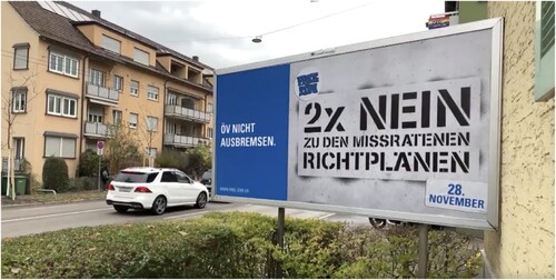 Figure 5. Free Zuri No campaign billboard in Zurich. Paid for by private committee, using the No campaign’s graphic design. The graffiti style text reads: “2x NO to the misguided structural plan”. The text on blue background says “Don’t thwart public transit”.