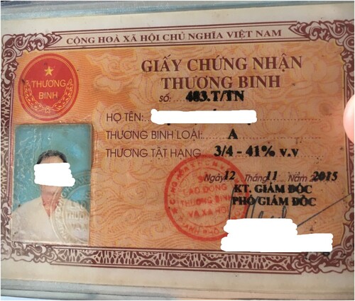 Figure 2. A thương binh disabled veteran’s registration card. The ¾–41% represents his level of disability as determined by the state. The symbol top left is frequently used by the drivers as a logo on their three-wheelers. Source: author.