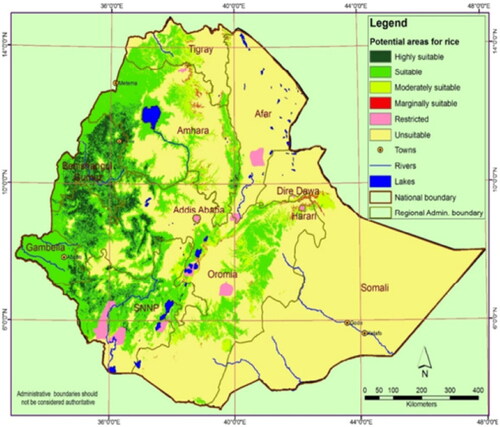 Figure 1. Agro-ecological suitability map for rain-fed rice production of Ethiopia (MoA, Citation2010; MoARD, Citation2010).